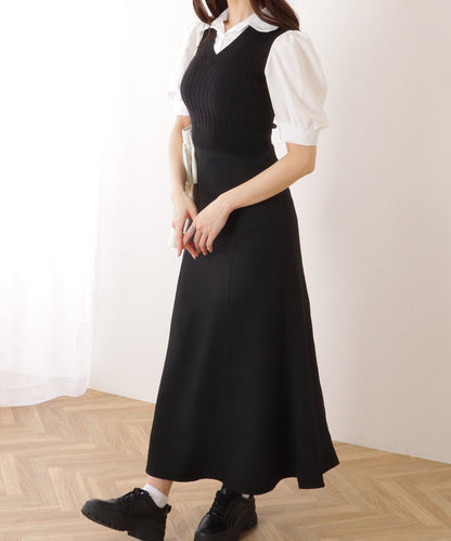 フェイク レイヤード ケーブル ニット パフスリーブ トップス