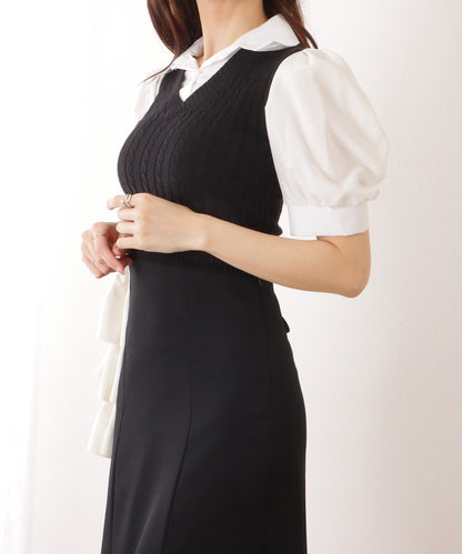 フェイク レイヤード ケーブル ニット パフスリーブ トップス