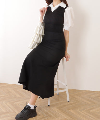 フェイク レイヤード ケーブル ニット パフスリーブ トップス