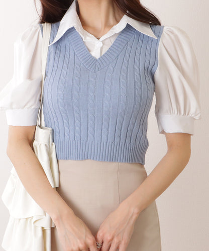 フェイク レイヤード ケーブル ニット パフスリーブ トップス