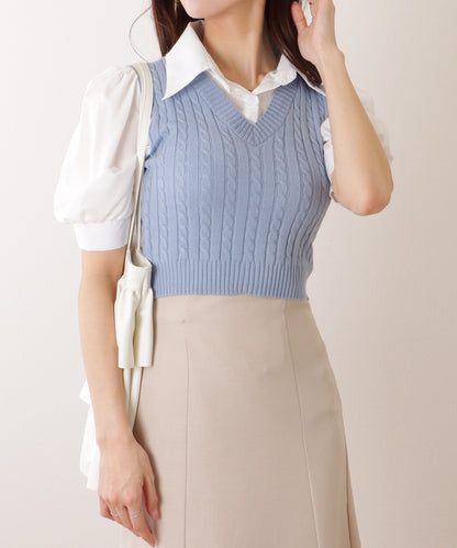フェイク レイヤード ケーブル ニット パフスリーブ トップス