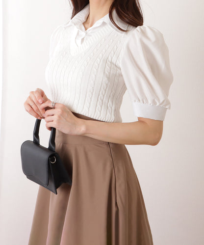フェイク レイヤード ケーブル ニット パフスリーブ トップス
