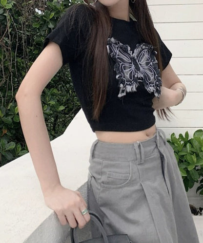 バタフライ クロップド丈 クルーネック 半袖 Tシャツ