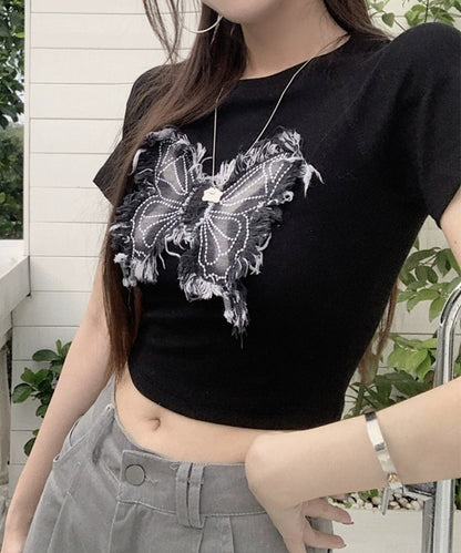 バタフライ クロップド丈 クルーネック 半袖 Tシャツ