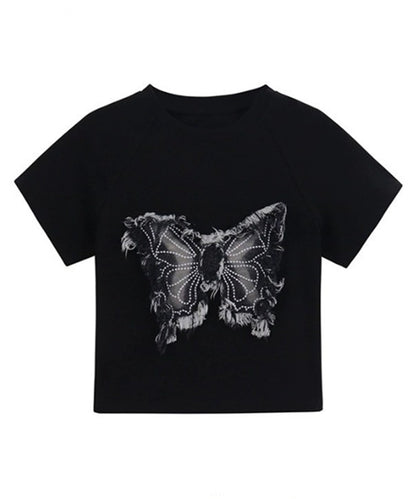 バタフライ クロップド丈 クルーネック 半袖 Tシャツ