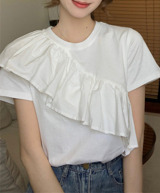 異素材 ラッフルフリル クルーネック 半袖 Tシャツ