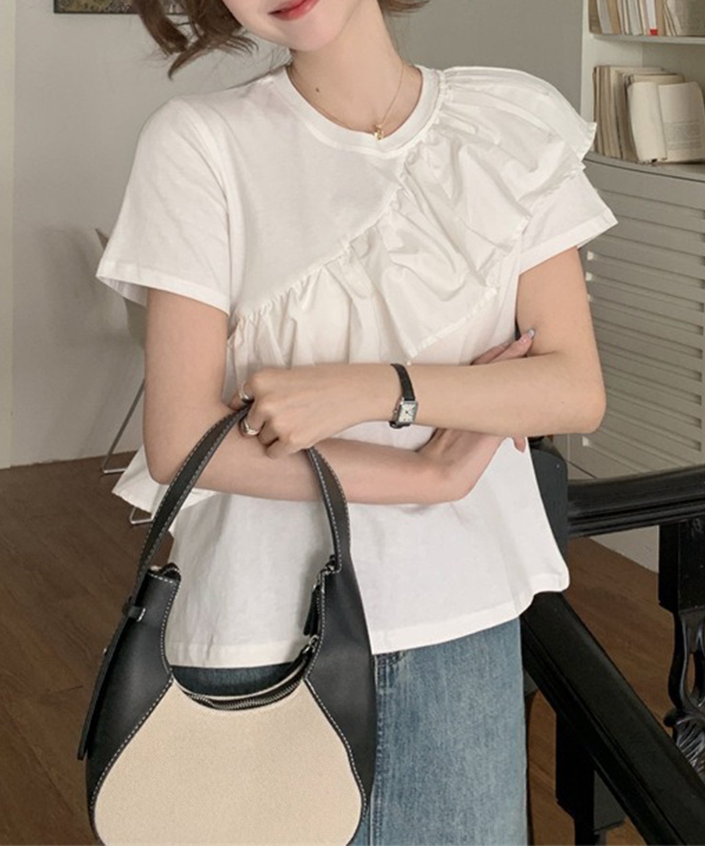 異素材 ラッフルフリル クルーネック 半袖 Tシャツ