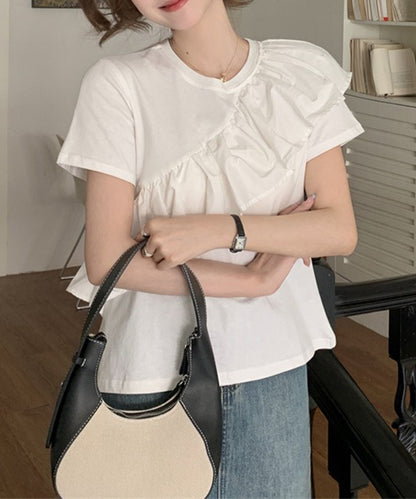 異素材 ラッフルフリル クルーネック 半袖 Tシャツ