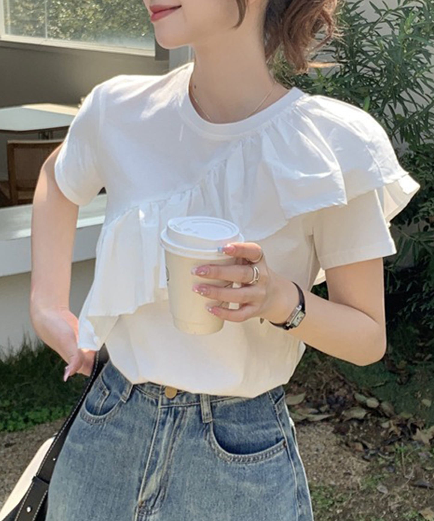 異素材 ラッフルフリル クルーネック 半袖 Tシャツ