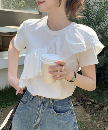 異素材 ラッフルフリル クルーネック 半袖 Tシャツ