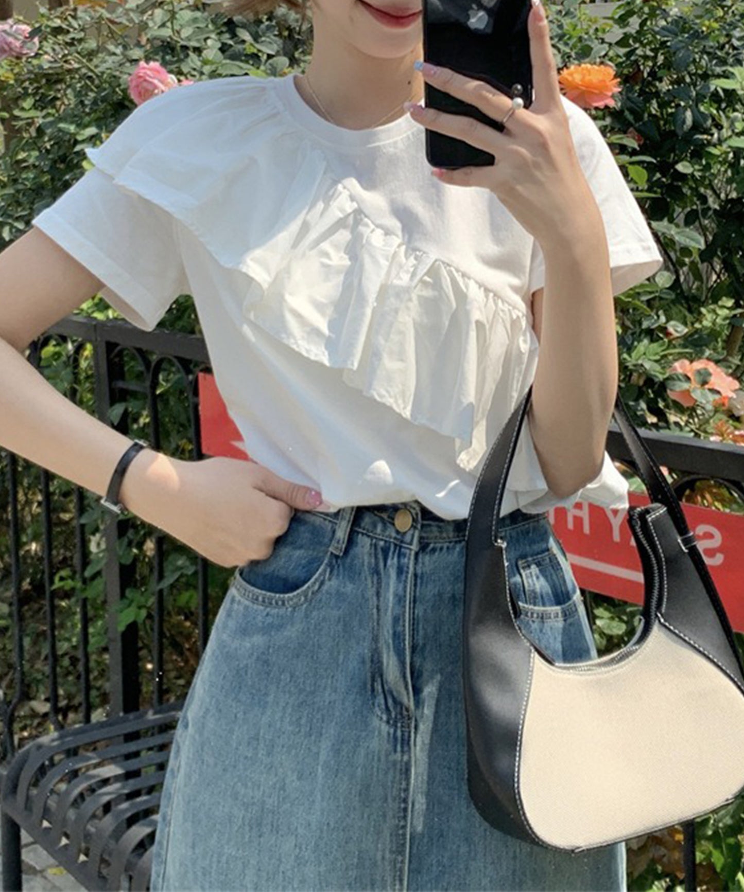 異素材 ラッフルフリル クルーネック 半袖 Tシャツ
