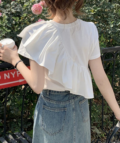 異素材 ラッフルフリル クルーネック 半袖 Tシャツ