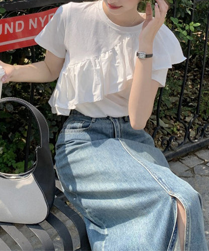 異素材 ラッフルフリル クルーネック 半袖 Tシャツ