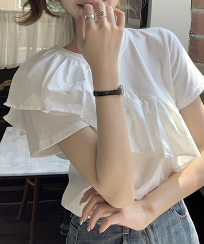 異素材 ラッフルフリル クルーネック 半袖 Tシャツ