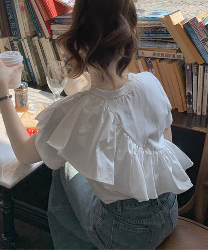 異素材 ラッフルフリル クルーネック 半袖 Tシャツ