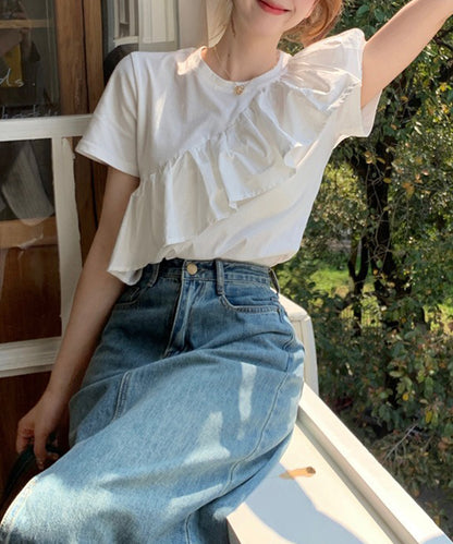 異素材 ラッフルフリル クルーネック 半袖 Tシャツ