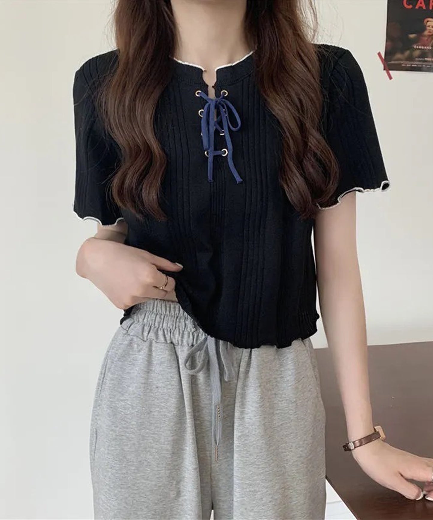 配色 メロウ レースアップ 半袖 トップス