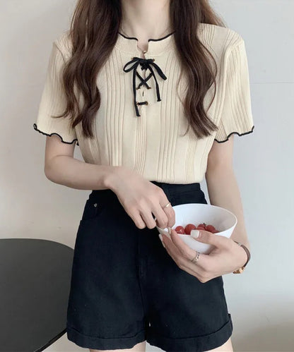 配色 メロウ レースアップ 半袖 トップス