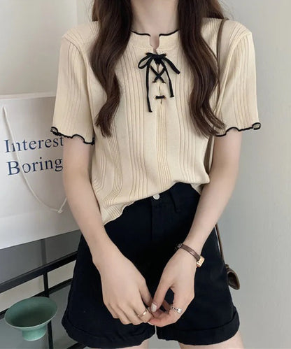 配色 メロウ レースアップ 半袖 トップス