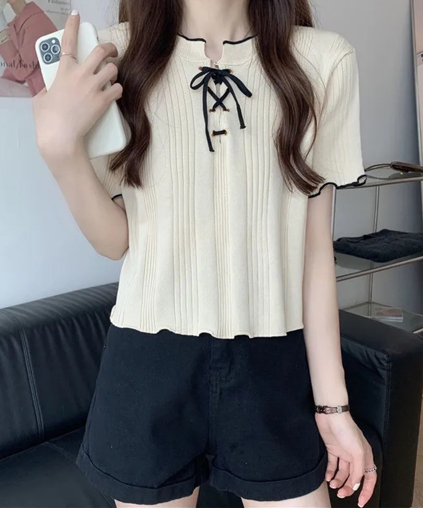 配色 メロウ レースアップ 半袖 トップス