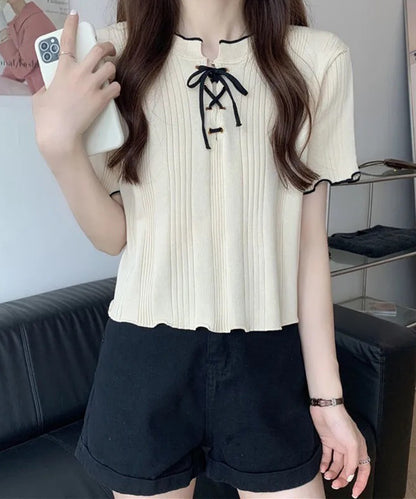 配色 メロウ レースアップ 半袖 トップス