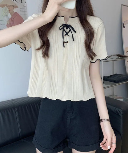 配色 メロウ レースアップ 半袖 トップス