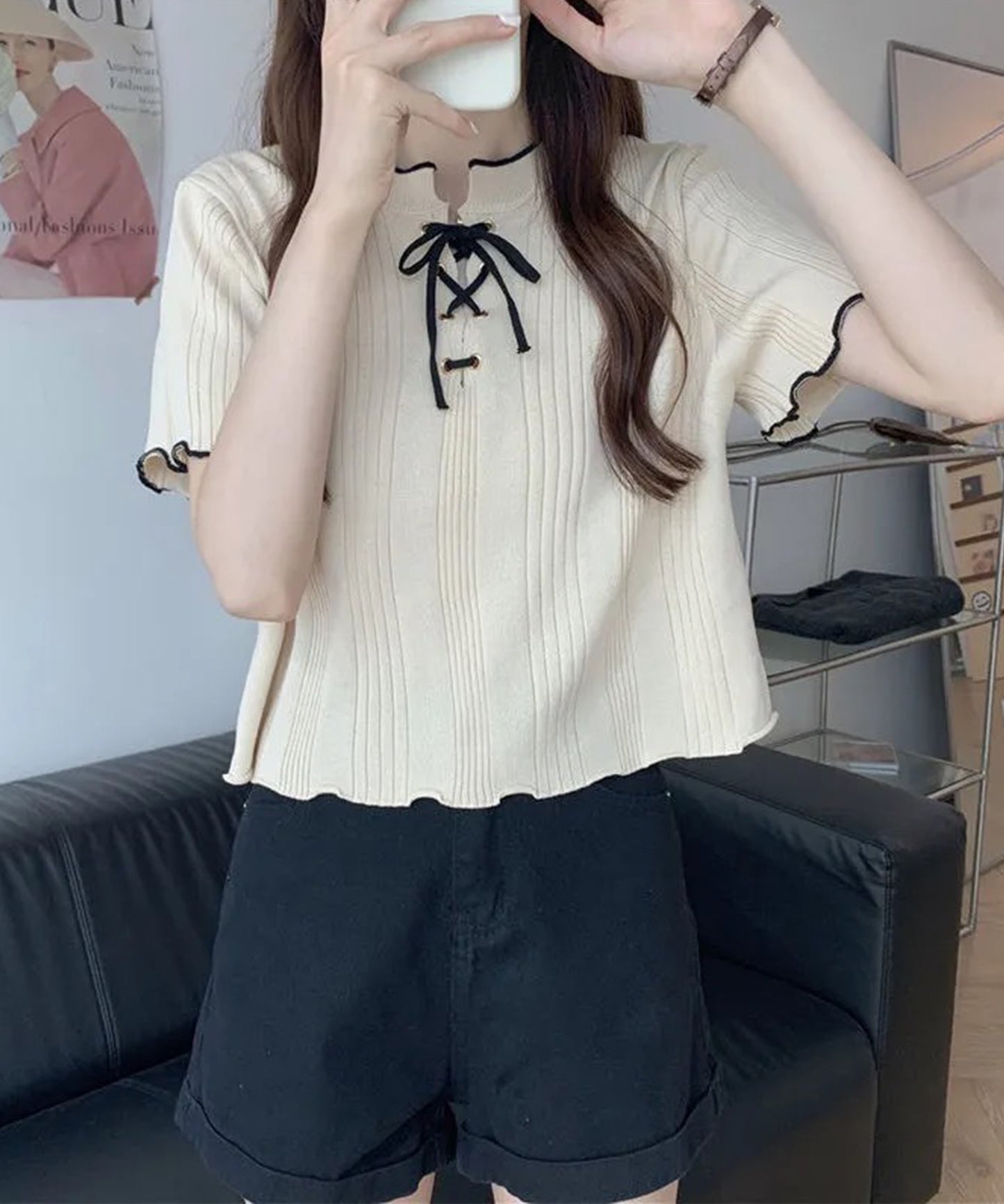 配色 メロウ レースアップ 半袖 トップス