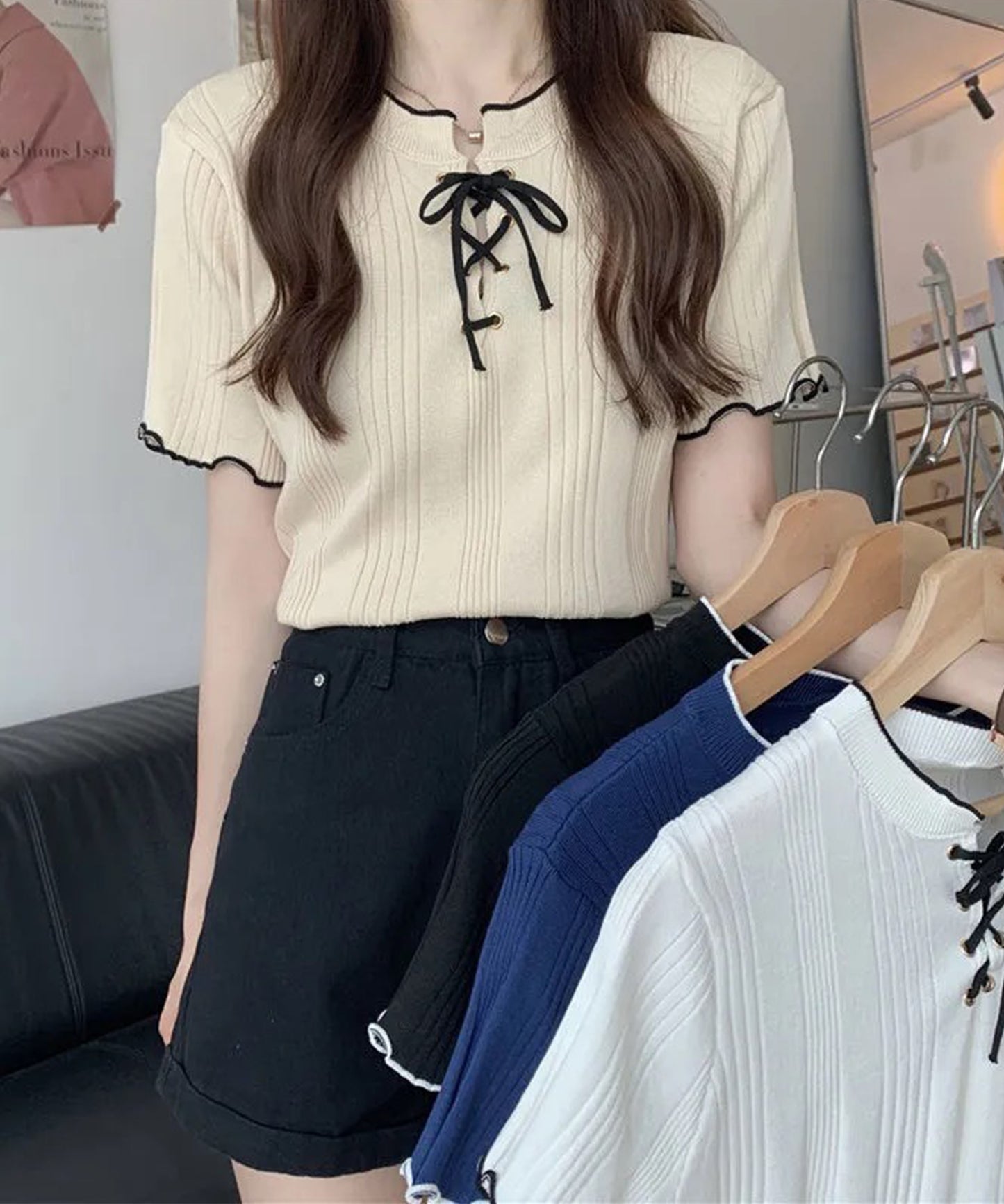 配色 メロウ レースアップ 半袖 トップス