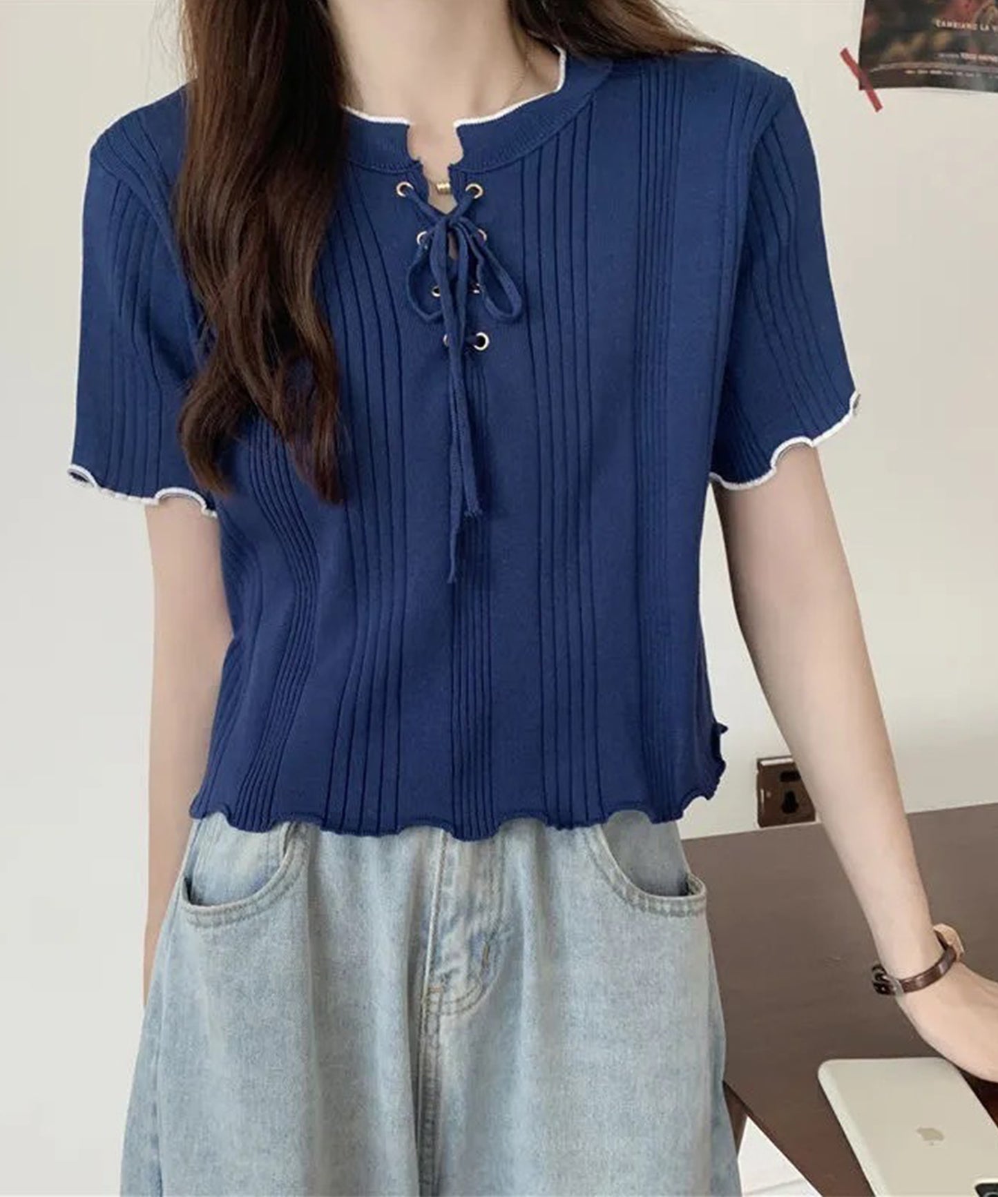 配色 メロウ レースアップ 半袖 トップス