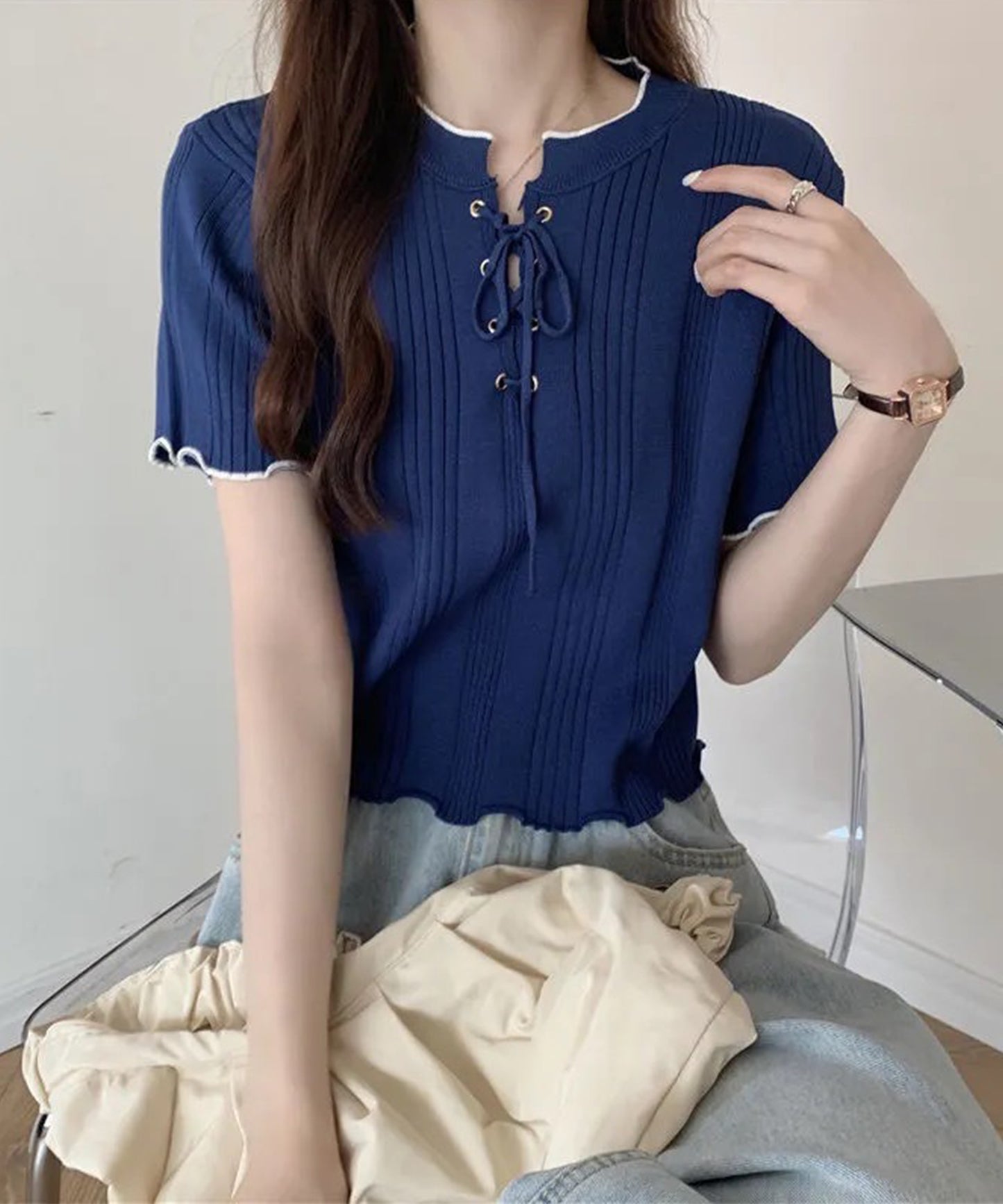 配色 メロウ レースアップ 半袖 トップス