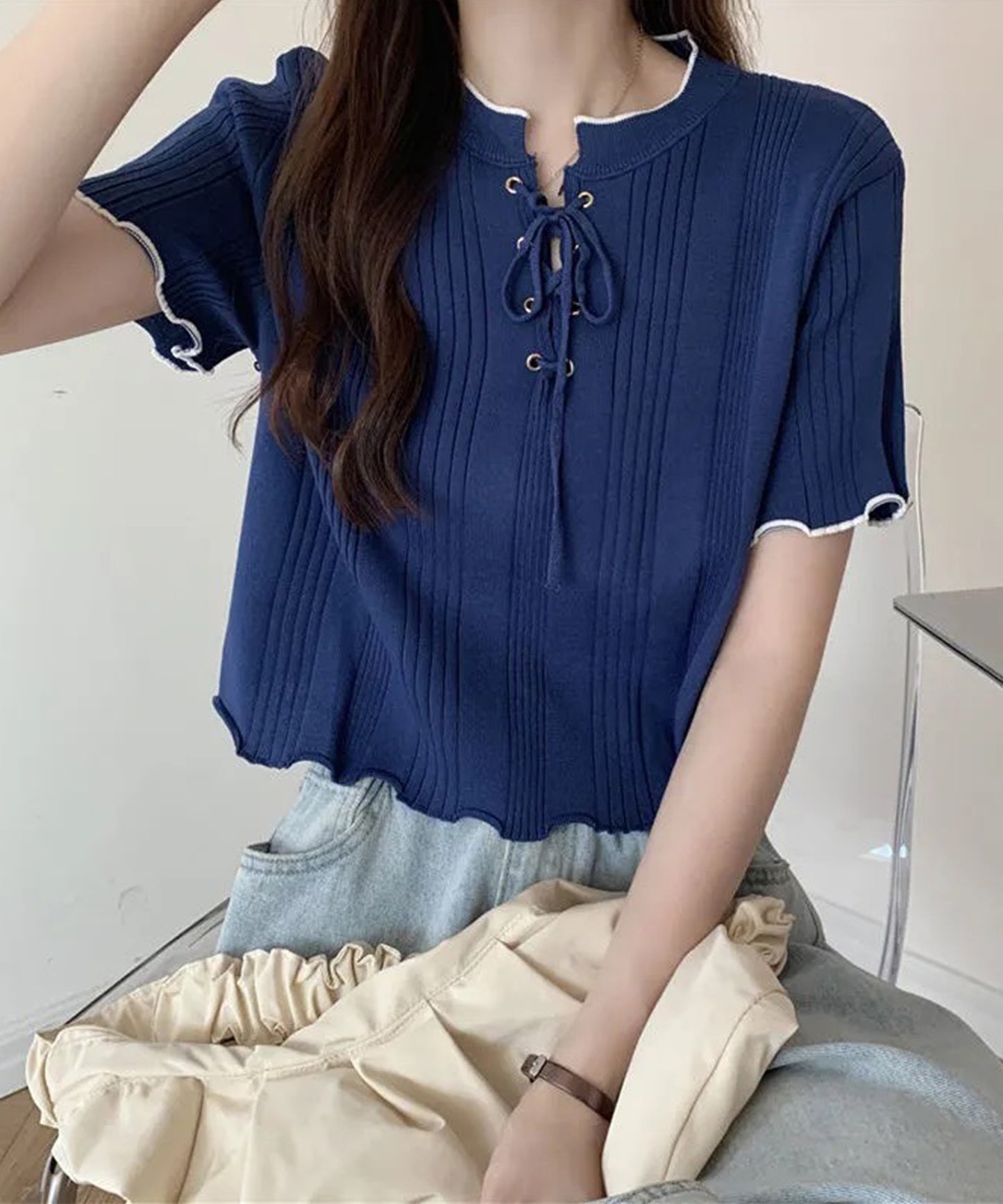 配色 メロウ レースアップ 半袖 トップス