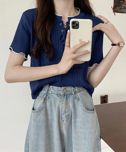 配色 メロウ レースアップ 半袖 トップス