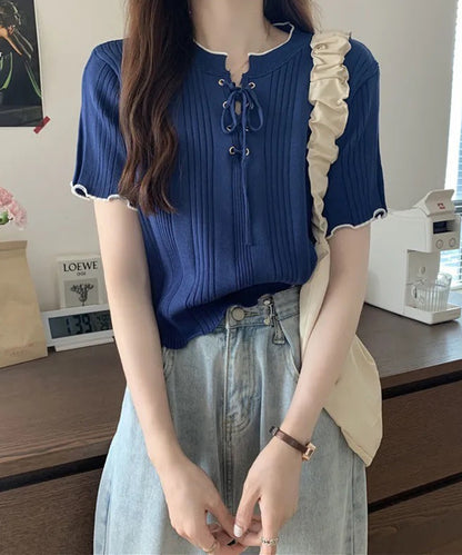 配色 メロウ レースアップ 半袖 トップス