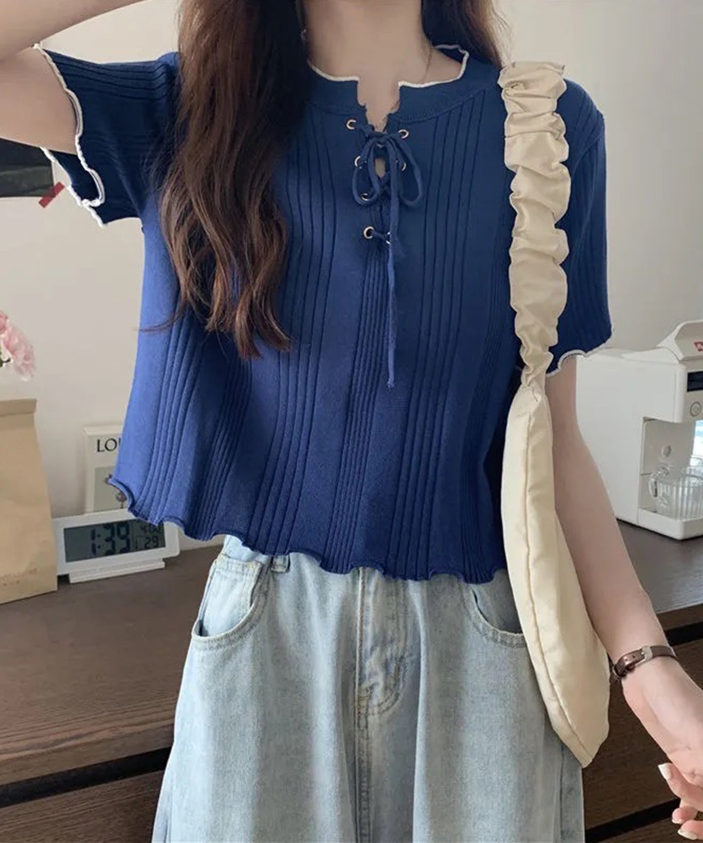 配色 メロウ レースアップ 半袖 トップス