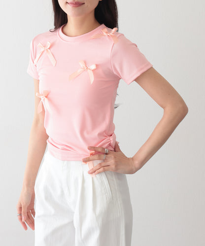 サテンリボン クルーネック 半袖 デザイン Tシャツ