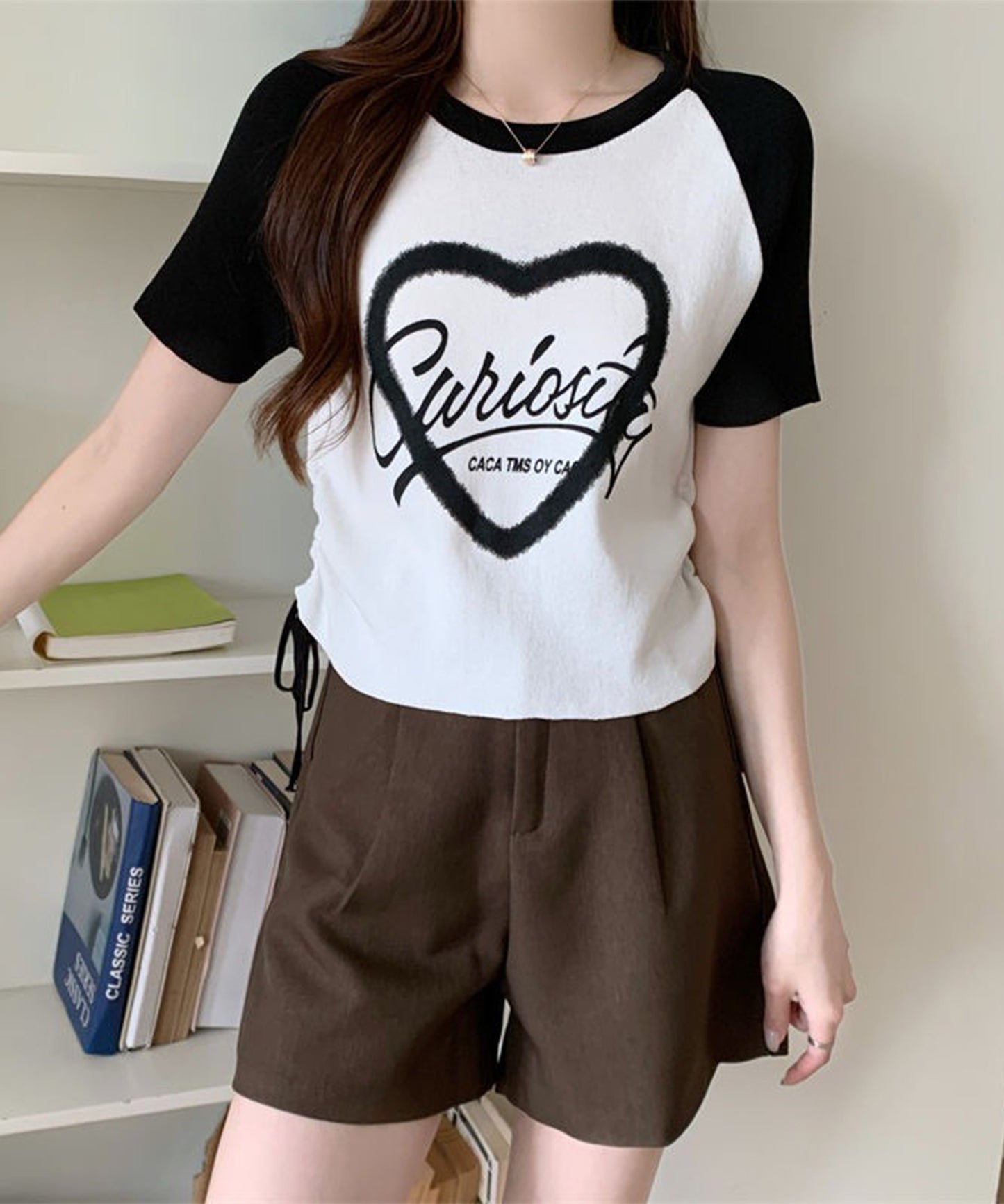 配色 ロゴプリント シャーリング ラグラン 半袖 Tシャツ
