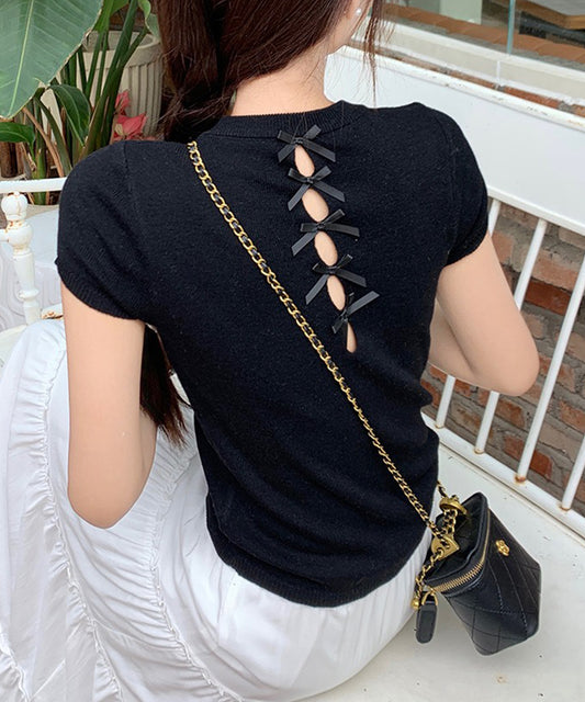 バックリボン クルーネック 半袖 ニット プルオーバー