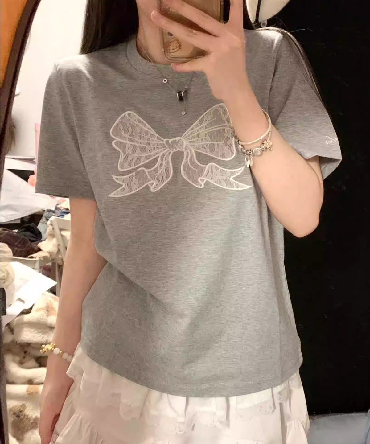 フロント レースリボン クルーネック 半袖 Tシャツ