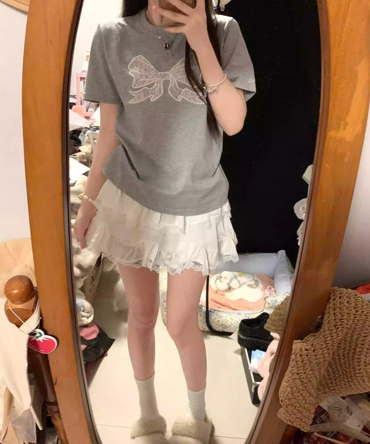 フロント レースリボン クルーネック 半袖 Tシャツ