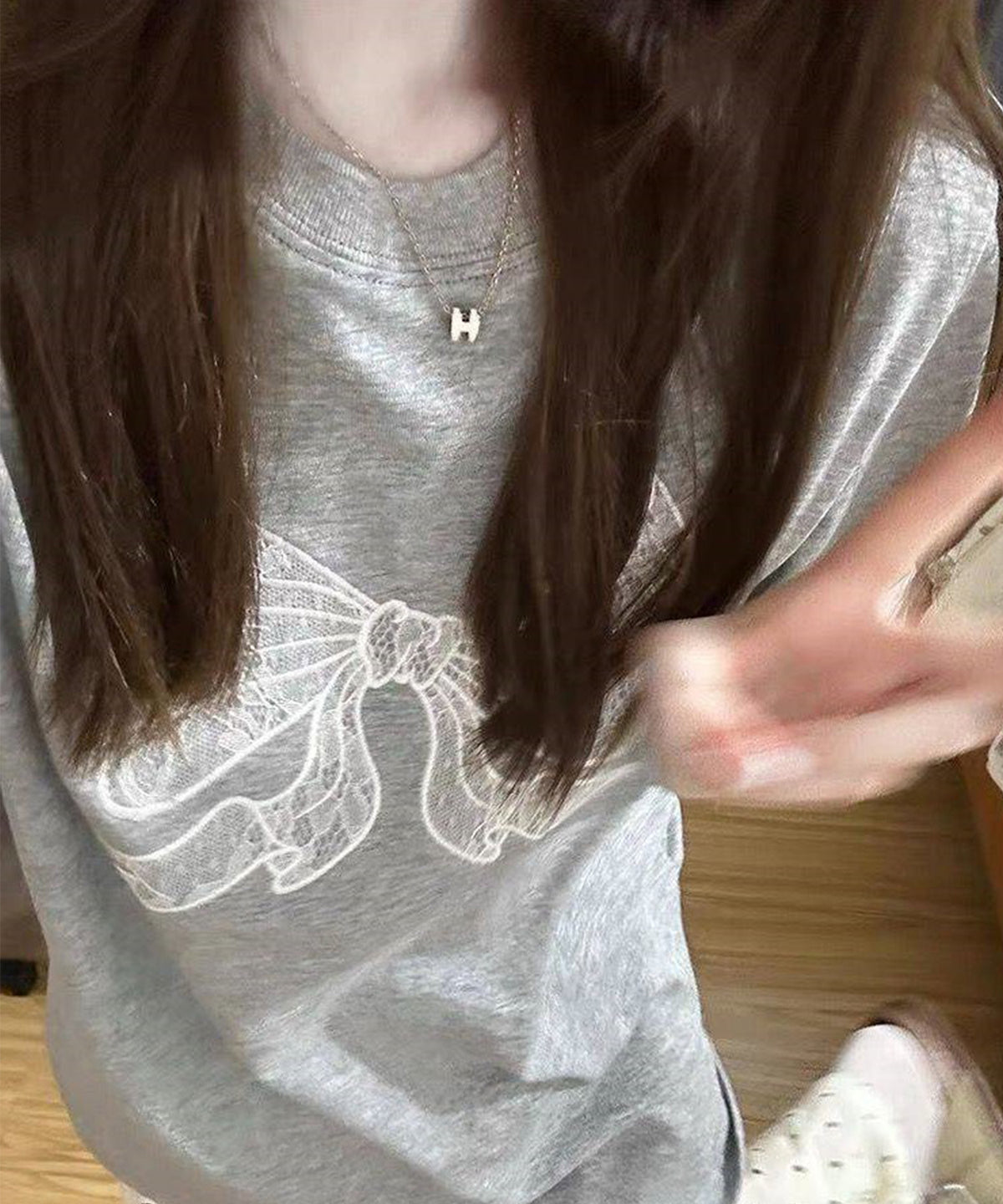 フロント レースリボン クルーネック 半袖 Tシャツ