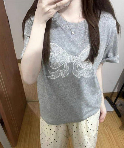 フロント レースリボン クルーネック 半袖 Tシャツ