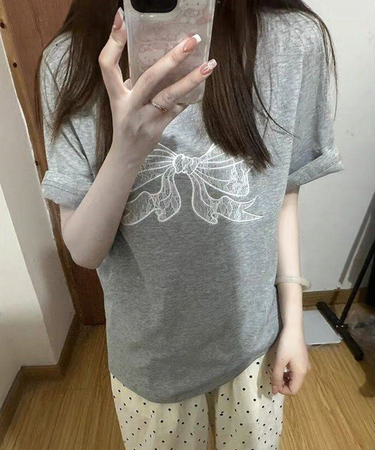 フロント レースリボン クルーネック 半袖 Tシャツ