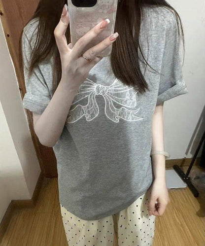 フロント レースリボン クルーネック 半袖 Tシャツ