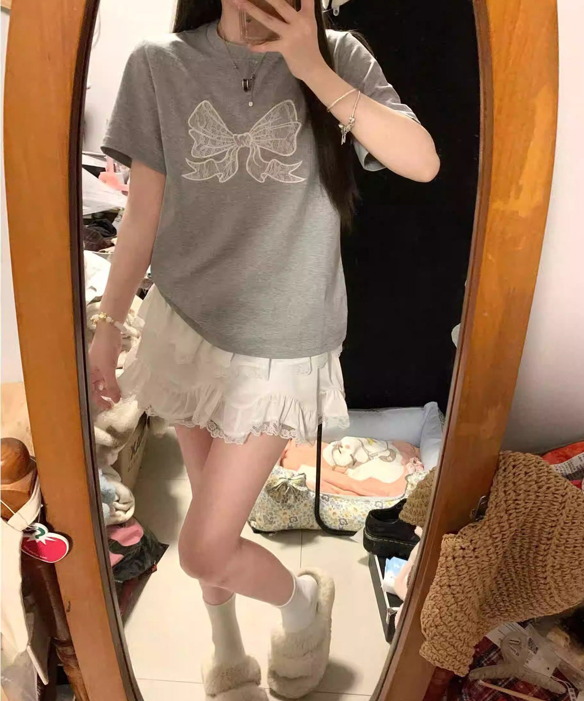 フロント レースリボン クルーネック 半袖 Tシャツ