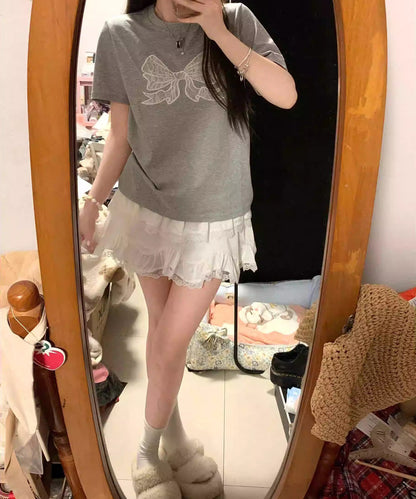 フロント レースリボン クルーネック 半袖 Tシャツ