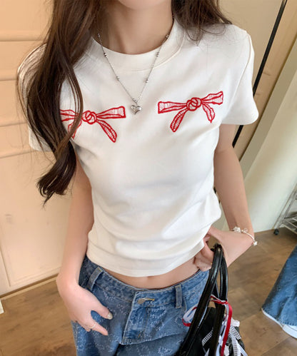リボン刺繍 クルーネック ショート丈 半袖 Tシャツ