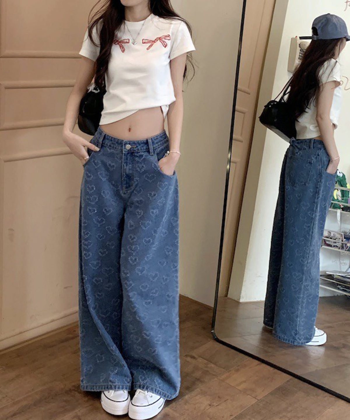 リボン刺繍 クルーネック ショート丈 半袖 Tシャツ