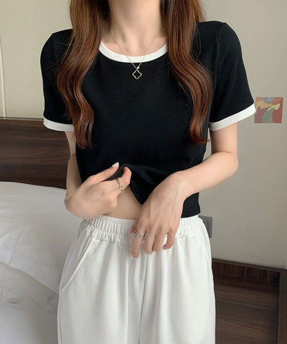 配色 クロップド丈 クルーネック 半袖 Tシャツ