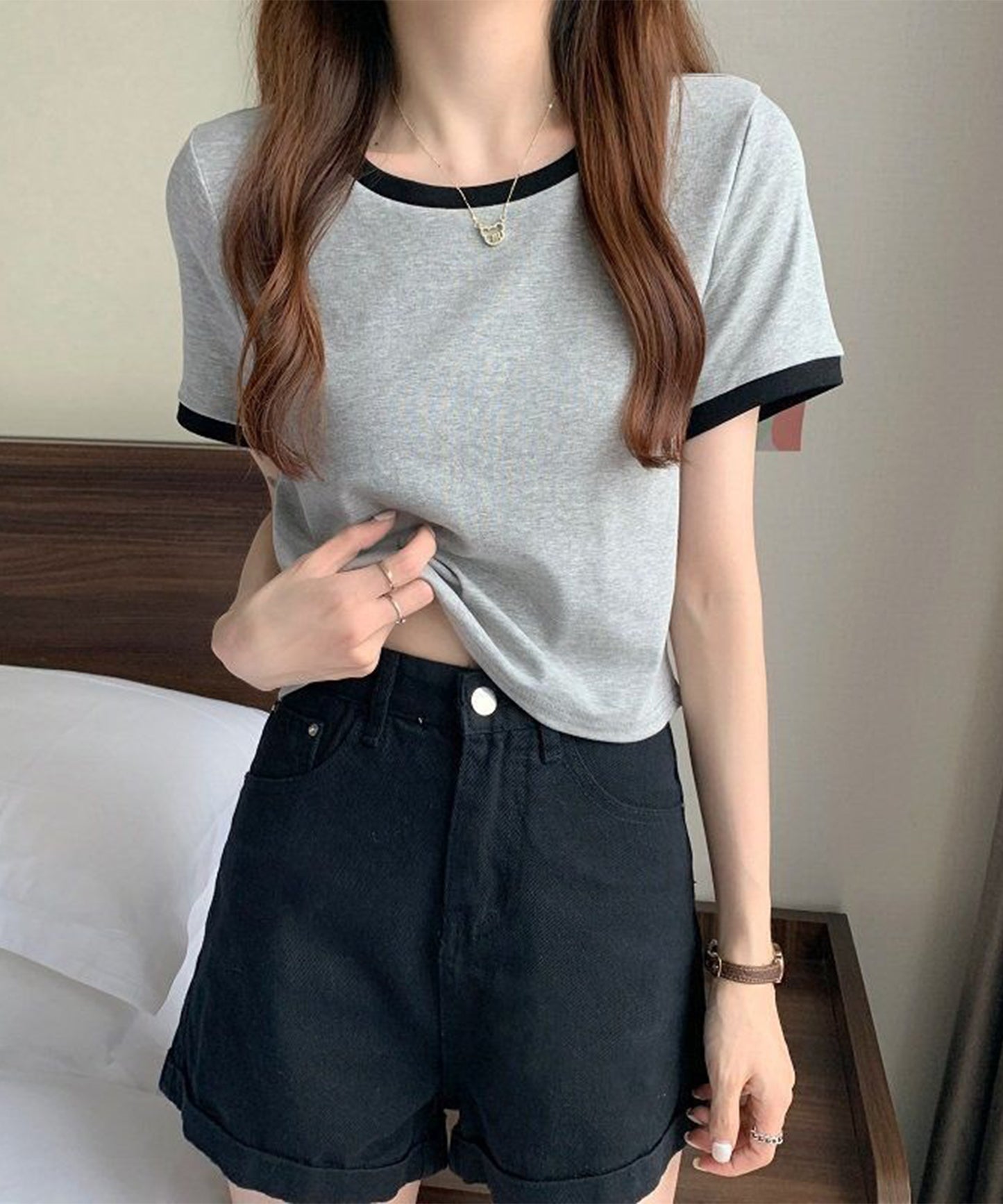 配色 クロップド丈 クルーネック 半袖 Tシャツ