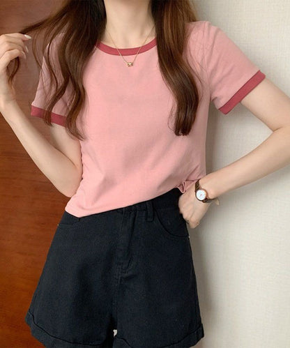 配色 クロップド丈 クルーネック 半袖 Tシャツ